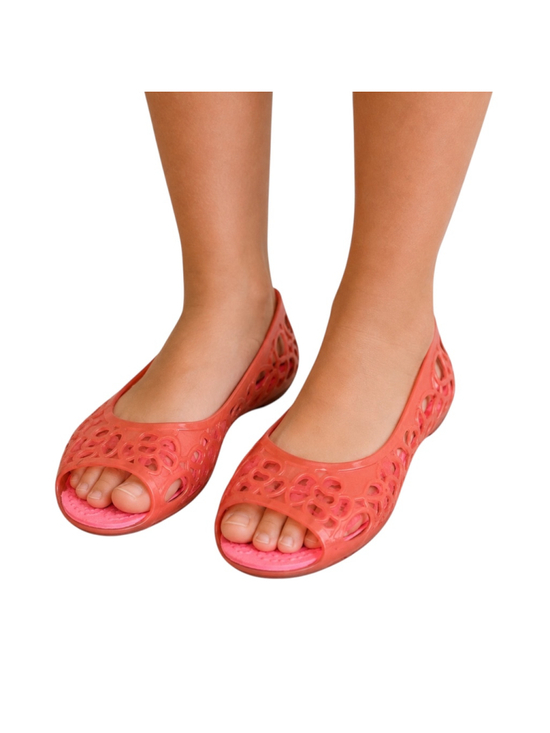 Crocs Other - Crocs Girls Pink Coral Jelly Peep Toe Flats Water Shoes Size J2 C2